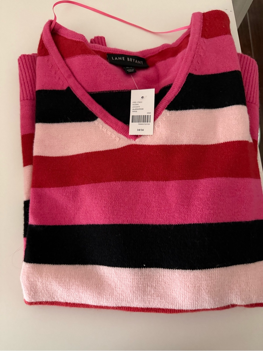 Lane Bryant Pink & Red Striped V-Neck Sweater. NWT. Size 14-16